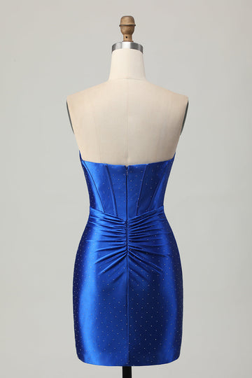 Beaded Strapless Tight Royal Blue Homecoming Dress with Slit